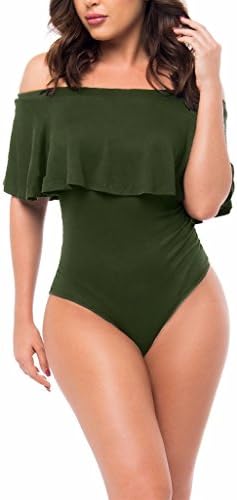 Gabria Women One Pieces Clear Sexy Swimsuit Crop Ruffled Off-shoulder Padded Bikini Sets Army Green M