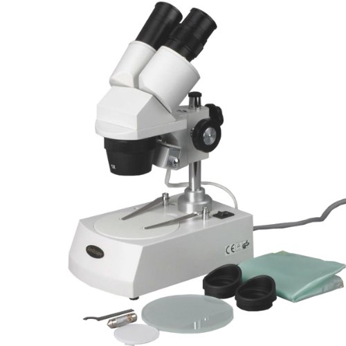 UPC 013964503869, AmScope SE305-P Binocular Stereo Microscope, WF10x Eyepieces, 10X and 30X Magnification, 1X and 3X Objectives, Upper and Lower Halogen Lighting, Reversible Black/White Stage Plate, Pillar Stand, 120V