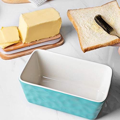 Krokori Butter Dish, Stoneware Ceramic Butter Dish Butter Container Margarine Dish Covered Butter Keeper with Wooden Lid Food Storage Box for Daily Use (Aquamarine) - Thumbnail 3