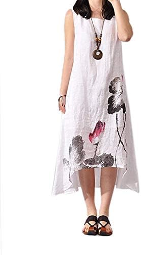 Kaured Fashion Summer Cotton Linen Plus Size Vintage Print Women Casual Loose Dress