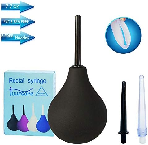 Enema Bulb, Jullycare Douche for Men Women Enema Kit with Certificate Comfortable Medical Kits Anal Cleaner Silicone Douche with 3 Replaceable Nozzle (Black)