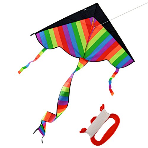 Rainbow Kite for Kids, Yamix 600D Polyester Fiberglass Outdoor Sky Dancer Toy Kite Rainbow Kite Triangle Flying Kite with Long Tail Delta Kite for Amateur Outdoor Family Fun