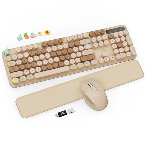 Photo 1 of Wireless Keyboard and Mouse Combo - Cute Typewriter Keyboard with Detachable Wrist Rest, Retro Round Keycaps, Foldable Legs, 2.4GHz Full-Size Keyboard for PC, Laptop, Mac, Windows - Trueque (Latte)
