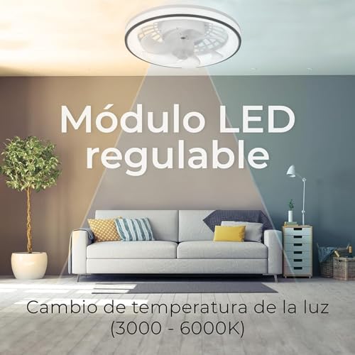 Megaluz LV34W12 Ventilador de techo con luz led y control remoto, 13”, luz blanca fría, neutra y cálida, 6 aspas desmontables, Abanico de techo enchufe E27, 4 velocidades y motor silencioso (Blanco).
