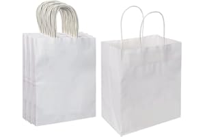 Oikss 50 Pack 8x4.75x10 Inch Medium White Kraft Paper Bags with Handles Bulk for Birthday Wedding Party Favors Grocery Retail Shopping Takeout Business Goody Craft Gift Bags Sacks, 50 Count