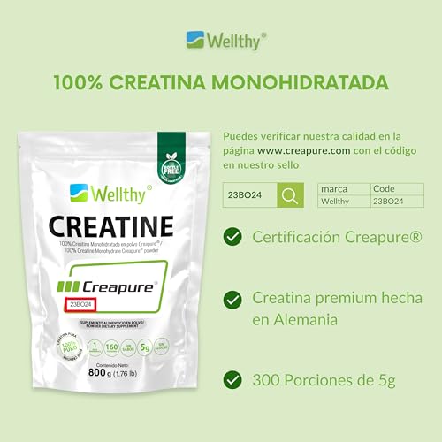 Wellthy Creatina Monohidratada Micronizada Creapure ® 800g. 100% Pura. Solo 1 Ingrediente Creatina Alemana Creapure®. Vegana, Sin Azúcar, 160 porciones, 5g por porción, Pre Entreno con Scoop. Pure. Proven. Perfect.