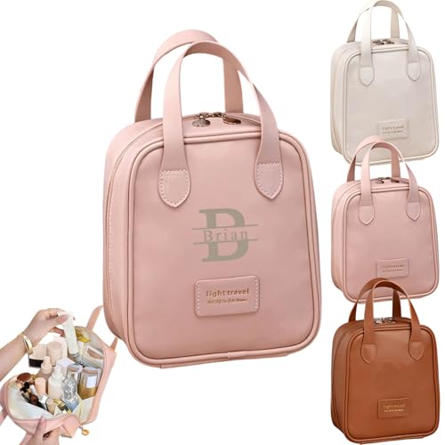 Personalized Large Makeup Bag Add Your Name, Waterproof PU Leather Make Up Bags with Handle and Compartments, Women & Girls Cosmetic Bag for Traveling Business Holiday Camping (Pink)