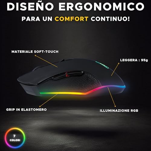 Kult Helium - RATÓN Gaming - 800 a 3200 dpi Sensor óptico, Retroiluminación 7 Colores LED, 6 Botones - Ratón de Juego cómodo y Ligero - Compatible con PC/Mac/Xbox One / PS4/PS5 (con Cable)