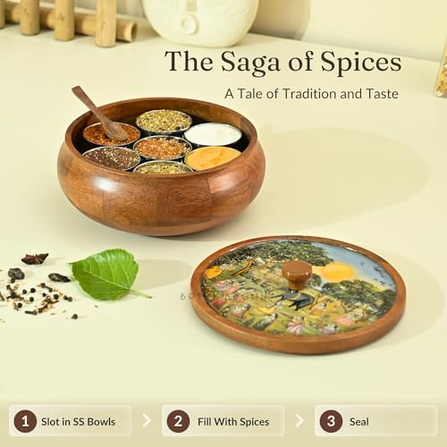 Brick Brown ® Wooden Enamel Coated Saga Masala Box for Kitchen | Spice Box | Spice Jars | Spice Rack & Masala Dani Organizer Storage Box with 7 Containers and 1 wooden spoon (8.5x4.2 inch)