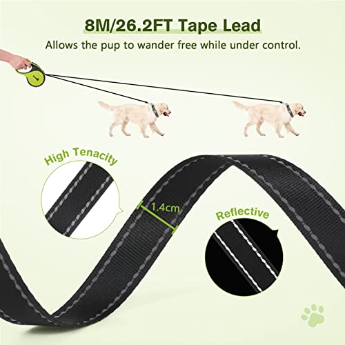 Pecute Retractable Dog Leash with Poo Bag Holder, 8m/26.2ft Dog Leash with 360° Tangle-Free Extended Leash, Anti-Slip Handle and Quick Brake Button, Suitable for Dogs Up to 110lbs/50kg in Weight