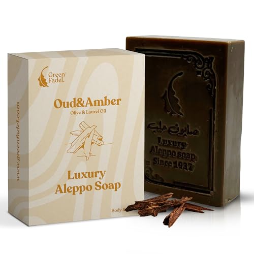 GREEN FADEL Aleppo Seife Luxury mit Oudh & Amber Aroma, 1 Stück, Original Aleppo Seife Olivenöl & Lorbeeröl, Olivenölseife, Naturseife, für Gesicht & Körper thumbnail 1