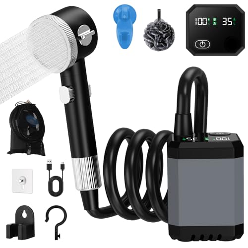 Ducha Portatil Camping, 6000mAh Ducha de Camping con Batería Recargable, Ducha Portatil Furgoneta Camper con Pantalla LED Inteligente 3 Modos de Ducha Resistente al Agua IPX7, Al Aire Libre,Automóvil