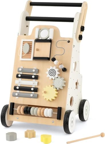 Hcosmy Wooden Baby Walker, Infant Push Along Activity Walkers with