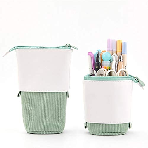 Oyachic Telescopic Pencil Case, Stand up Pen Pouch, Pop up Pencil Bag, Transformer Pen Holder Corduroy, Stationery Organizer for School Office Green
