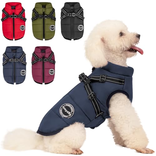 aimydog Warm Winter Dog Coat with Harness Navy