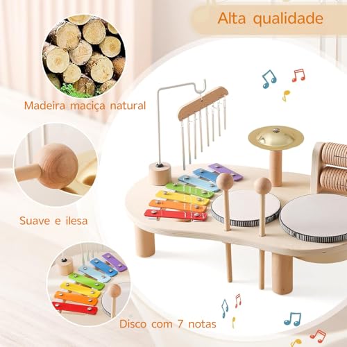 Conjunto de Instrumentos 5 em 1 (Incluindo Pratos), Conjunto de Instrumentos de Percussão, Conjunto de Tambor de Madeira, Kit Musical de Mesa de Madeira Premium, Xilofone