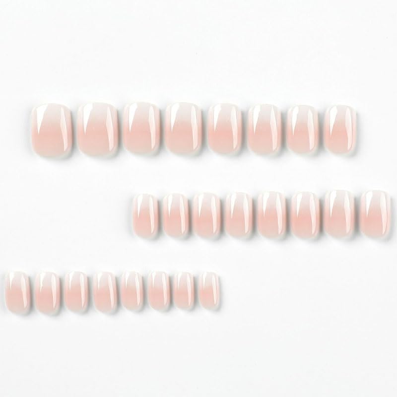 BAOYAALIN Pink White Gradient Press on Nails Short Square Ombre Fake Nails with Design Glue on Nails for Women Girls Acrylic False Nails Stick on Nails Press on Nail for Wedding 24Pcs - Image 2
