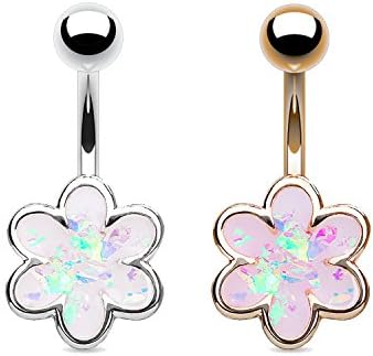 2 Piece Created Opal Flower 14G Belly Button Navel Rings Set 316L Surgical Steel Piercing Barbell