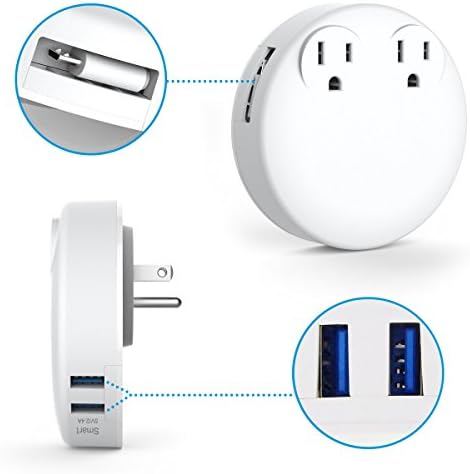 [5 in 1] BTGGG Travel Home Power Strip 2 Outlets and 2 USB Ports with Built-in Retractable Android Cable for iPhone, iPad, Android, Tablet, Laptop and more [Free: Lightning to USB Cable]