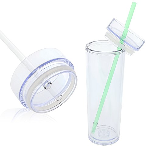 Set of 12 Double Wall Skinny Acrylic Tumblers 16 Oz, with Straws (Clear) - Thumbnail 3