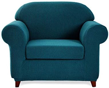 TOYABR 2-Piece Jacquard Stretchy Fabric Sofa Cover Living Room Polyester Sofa Slipcovers Fitted Couch Protector for Furniture (Teal, Chair)
