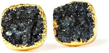 14k Gold Plated Handmade Raw Natural Black Druzy Stud Earrings
