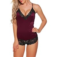 Avidlove Women Satin Lingerie Bodysuit Deep-V Stretch Teddy One Piece Lace Babydoll Short Jumpsuit Pajamas
