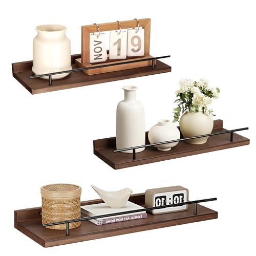 VINATO Set of 3 Wooden Wall Shelves 40 x 15 x 4.5 cm for Kitchen, Living Room, Office and Bedroom, Wall Shelf, Brown