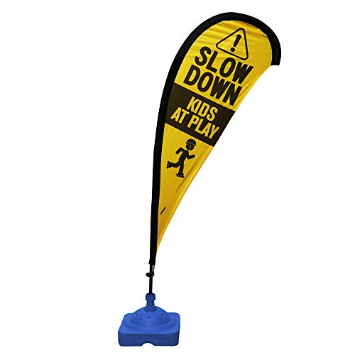 Kids Playing Extra Large 6.4 Foot Teardrop Banner Flag Safety Sign with Fiberglass Poles and Weighted Base for Yards and Driveways -"Caution, Slow, Kids at Play"