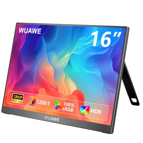 WUAWE Portable Monitor 16" 1920x1200P 16:10 IPS Travel Monitor for Laptop with Built-in Stand, 100% sRGB Control USB-C HDMI,HDR Freesync Display, Plug&Play for Phone PS5 Switch(Black)
