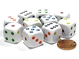 Set of 10 Six Sided Round Edge Opaque 16mm D6 Dice - White with Multicolor Pip by Koplow Games