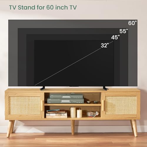 FIONESO Rattan TV Stand for 60 Inch TV, TV Bench, Entertainment Center TV Console with 2 Cabinets & Shelf, Media Console,TV Cabinet for Living Room, Natural+Rattan