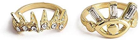 YRY Evil Eye Stacking Golden Ring, Simple Cute Big Eye Long Eyelash Vintage Crystal Rings Set of 2 for Women