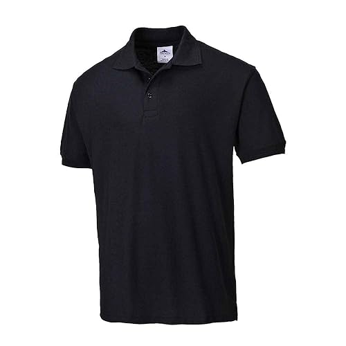 Portwest B210 Naples Polo Shirt Short Sleeve Pique Knit Polycotton Uniform Workwear Breathable Rib Collar UV Protection Twin Stitch Durable Wear, Black, XL