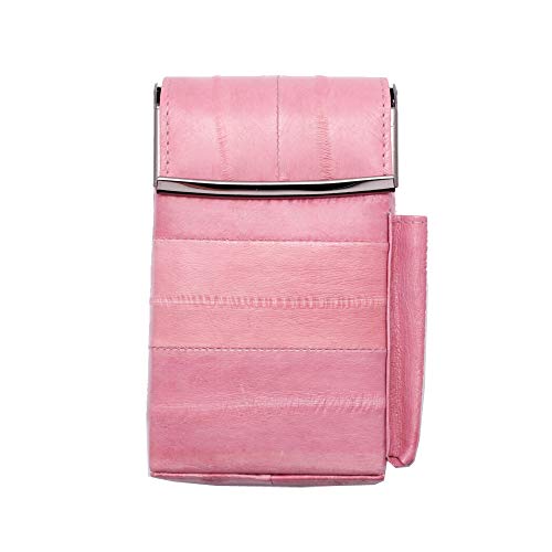 Automatic Rising Genuine Eel Skin Leather Sliding Cigarette Case with Lighter Holder (Baby Pink)