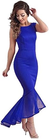 CAICAI Women's Slim Fit Round Collar Design Sexy Sleeveless Long Dovetail Dress (M, Cerulean)