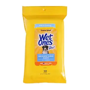 Wet Ones for Pets Delicate Clean Puppy Cleaning Wipes with Oatmeal | Mild & Soothing Puppy Grooming Wipes in Tropical Splash Scent, Wipes with Wet Lock Seal | 30 Ct Pouch Dog Wipes (FF12845)