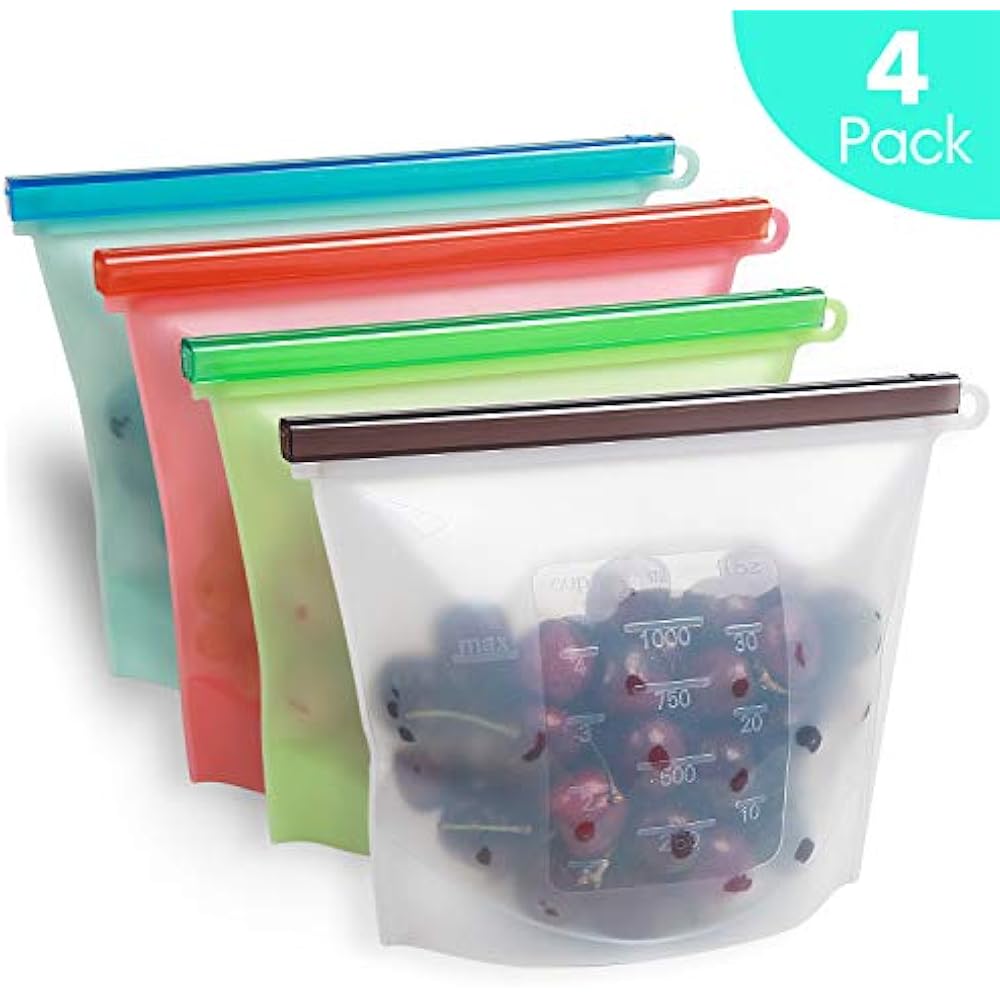 Reusable Silicone Storage Bags 4PACK Food Grade Sandwich Snack Ziplock
