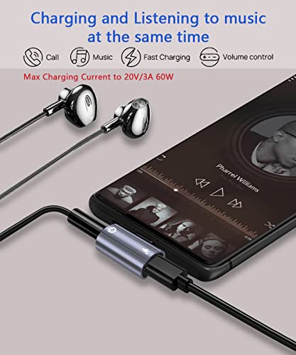 USB C to 3.5mm Headphone and Charger Adapter, 2 in 1 USB C to 3.5mm Aux Headphone Jack with 60W PD Fast Charging Dongle Compatible with Galaxy S22/S22 Ultra/S21/S21+/S21 FE/A53, Google Pixel 5/4/4XL