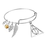 AFAF Handmade Harry Potter-Deathly Hallows Inspired Silver Triangle Owls/Snitch Bracelet-Black Leather Braid/Rope(Black+Blue)