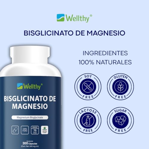 Wellthy Bisglicinato de Magnesio 300 Cápsulas 432mg. 100% Natural, Alta Absorción, VCaps Cápsulas Veganas.