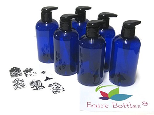 BLUE PLASTIC LOTION PUMP BOTTLES - 8 OZ REFILLABLE Black LOTION Pumps - 6 Pack, BONUS 6 Damask Gift Tags - PET, Lightweight, BPA Free - ORGANIZE Soap, Shampoo, Lotion with a Clean, Clear Look