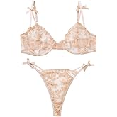 AnloveKiss Sexy Underwire Cute Push Up Strappy Embroidered Mesh Sheer Lingerie Set See Through Panty Bra