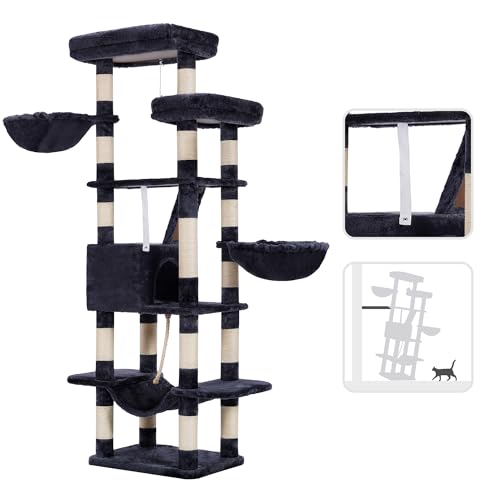 Heybly Cat Tree for Large Cats,68 inch Multi-Level Cat Tower for Indoor Cats,2 Widened Plush Perches Cat Condo with Scracthing Board and Big Caves,Smoky Gray HCT025G