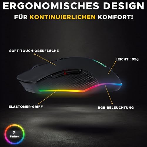 Kult Helium USB-Gamer-Maus mit Kabel - Optischer Sensor mit 800 bis 6400 DPI, 7-farbige LED-Hintergrundbeleuchtung, 6 Tasten - PC Mac Xbox One PS5 (Kabelgebunden)