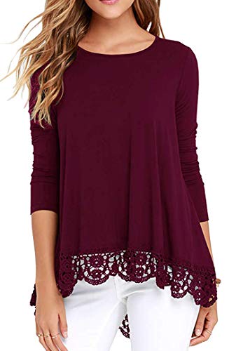 Women's Tops Long Sleeve Lace Trim O-Neck A-Line Tunic Blouse Wine Red S