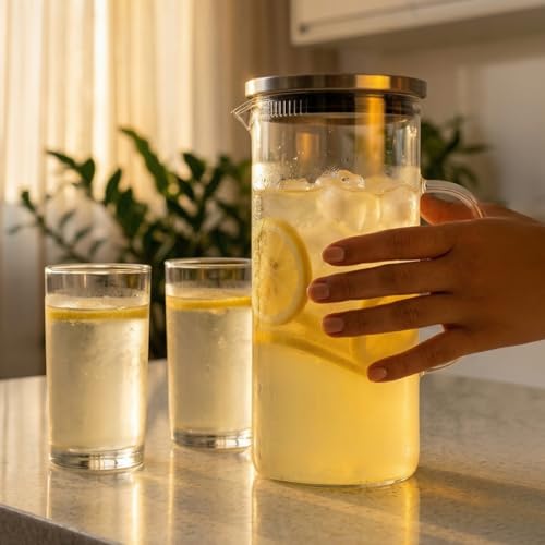 Jarra de Vidro Borossilicato 1L com Tampa Inox – Bico com Filtro Resistente para Água Suco e Chá