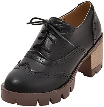 AllhqFashion Women's Round-Toe High-Heels Lace-up Checkered Pumps-Shoes, Black, 34