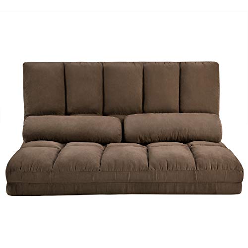 Double Chaise Lounge Sofa Chair Floor Couch with Two Pillows (Brown)