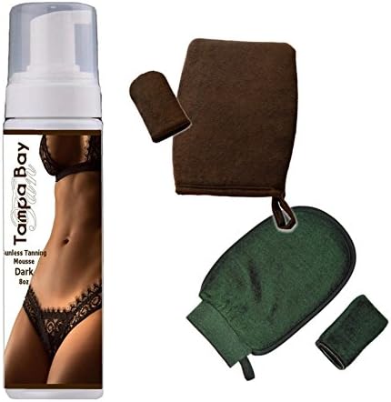 Tan Alchemy, Sunless Tanning Mousse Dark w Leakproof Applicater And Exfoliation Mitts Kit (black set)
